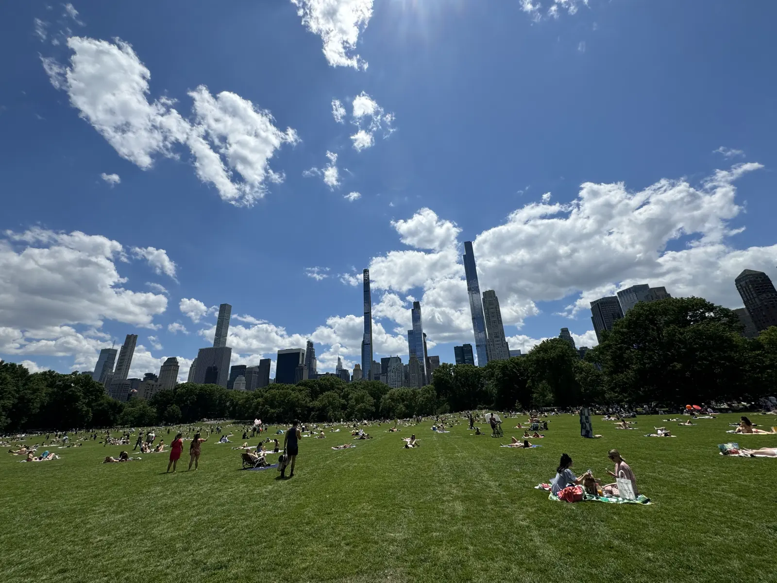 People picnicking on Sheep Meadow in Central Park under a big summer sky